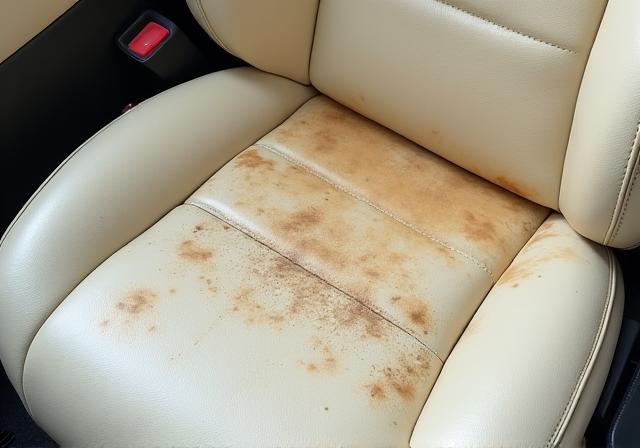 A dirty, shiny, and stained cream leather car seat.