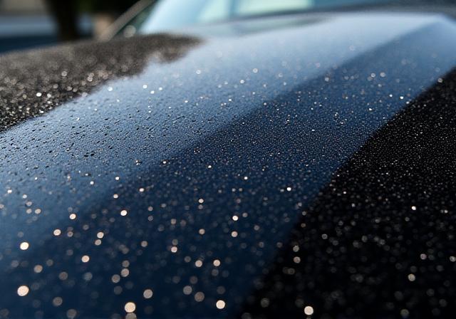 Car paint covered in fine scratches and swirl marks under bright light.