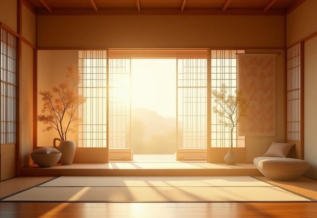 障子越しの柔らかな光が差し込む、カスタムテキスタイルが飾られた静かな和室。