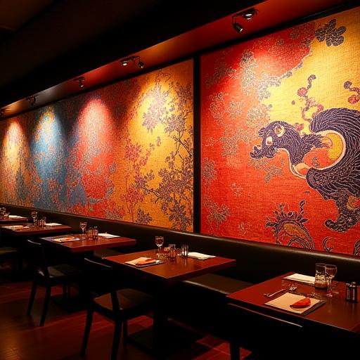 大阪のレストランの壁面を彩る鮮やかな西陣織のアートワーク。