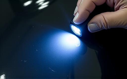 Detailer inspecting car paint with a swirl-finder light.